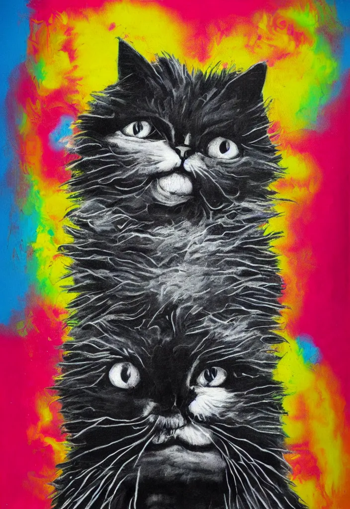 Image similar to fluffy cat with an afro comb t - shirt design, by jules julien, alex yanes, dark grisaille monochrome neon spraypaint, ironic surrealism, hypebeast