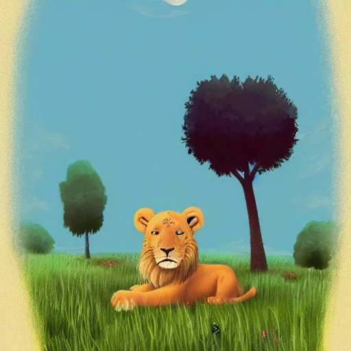 Prompt: drawing for children of a lion cute in a meadow, concept art, smooth, sharp focus, illustration, ArtStation
