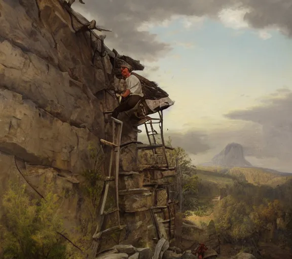 Image similar to landscape portrait of a man working on a building out of hand hewn brimstone, all alone by william sidney mount, trending on artstation