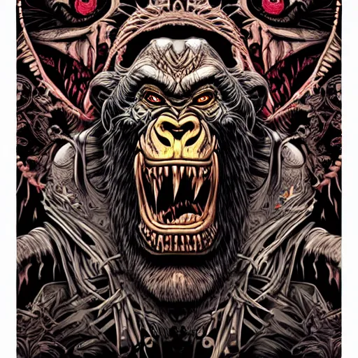 Image similar to barong family member, wiwek, mara demon, one single tribe member, jungle, one single mask, dark, ancient warrior, violent gorilla, lizard rage, tribal, inner glow, art by dan mumford and justin gerard