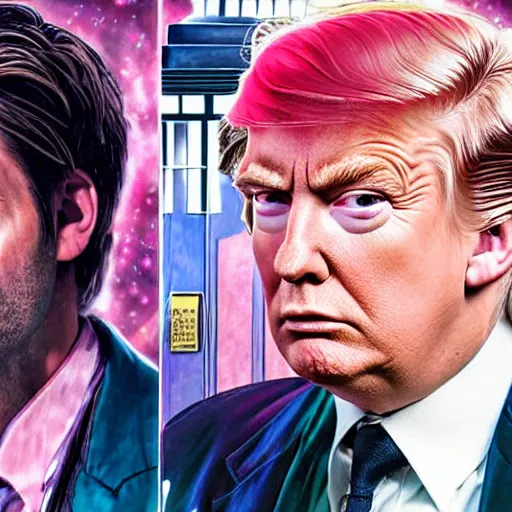 Prompt: david tennant as tenth doctor who and donald trump in pink clothes in tardis, highly detailed, artstation, concept art, fantasy, smooth, sharp focus, illustration, perfect face, art by nikolay makovsky, jacek malczewski, arthur hughes, edward okun, franz xaver winterhalter