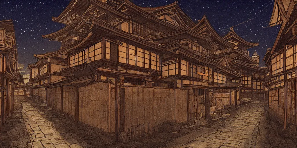 Prompt: Medieval Kyoto street at night landscape, spirits haunting the streets, 8K, trending on artstation, golden ratio, low key, ultra detailed, concept art, art by Jean Giraud