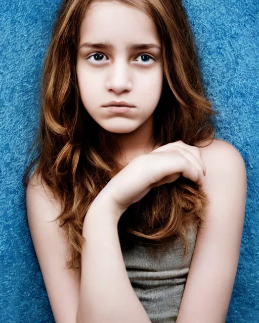 Prompt: photo portrait 1 5 - year old girl with lush brown hair, hermione granger, magic background, bright piercing brown eyes, hyper realistic face, beautiful eyes, by mario testino