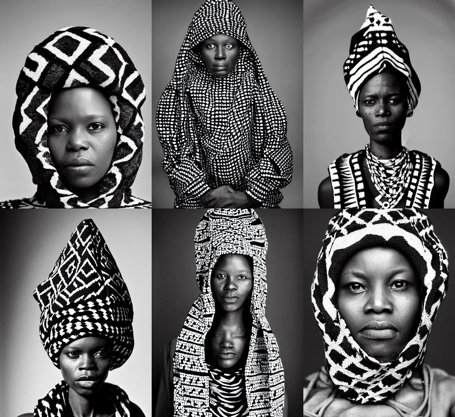 Prompt: photograph by Zanele Muholi of an african woman wearing a hood with ndebele pattern, high contrast, deep blacks