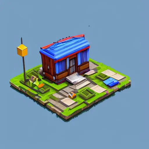 Image similar to small cute mobile game house, 1 0 0 mm, 3 d render, isometric, diorama, blue background,