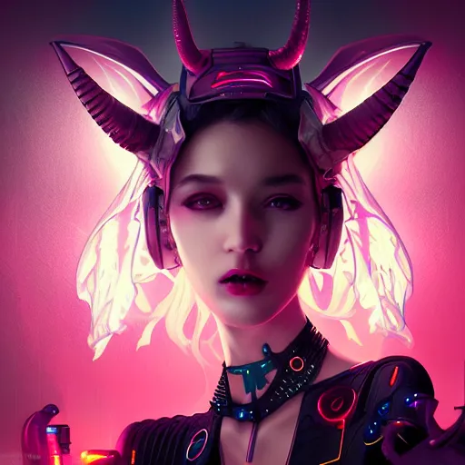 Image similar to portrait futuristic Devil Girl with horns and wings, in future cyberpunk tokyo rooftop , ssci-fi, fantasy, intricate, very very beautiful, elegant, human anatomy, neon light, highly detailed, digital painting, artstation, concept art, smooth, sharp focus, illustration, art by tian zi and WLOP and alphonse mucha