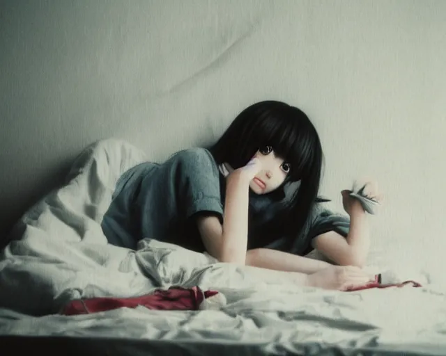 Prompt: a film still of lone anime girl in white tshirt is sitting on poor bed in pale colors room in dark russian flat, perfect faces, fine details, anime, polaroid