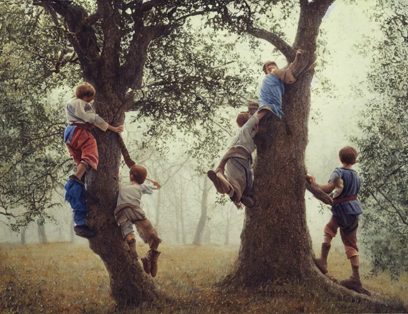 Image similar to two peasant boys climbing a tree, country style, Low angle view, Cottage core, Cinematic focus, Polaroid photo, vintage, neutral colors, soft lights, foggy, by Steve Hanks, by Serov Valentin, by lisa yuskavage, by Andrei Tarkovsky, by Terrence Malick, 8k render, detailed, oil on canvas High angle view, wide shot