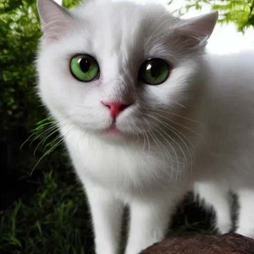 Prompt: cute white fluffy cat, large eyes, eats owner