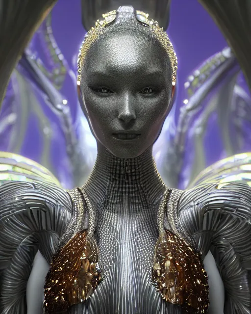 Image similar to a highly detailed metahuman 4 k close up render of an alien goddess bella hadid as alien in iris van herpen dress schiaparelli in diamonds crystals swarovski and jewelry iridescent in style of alphonse mucha gustav klimt trending on artstation made in unreal engine 4