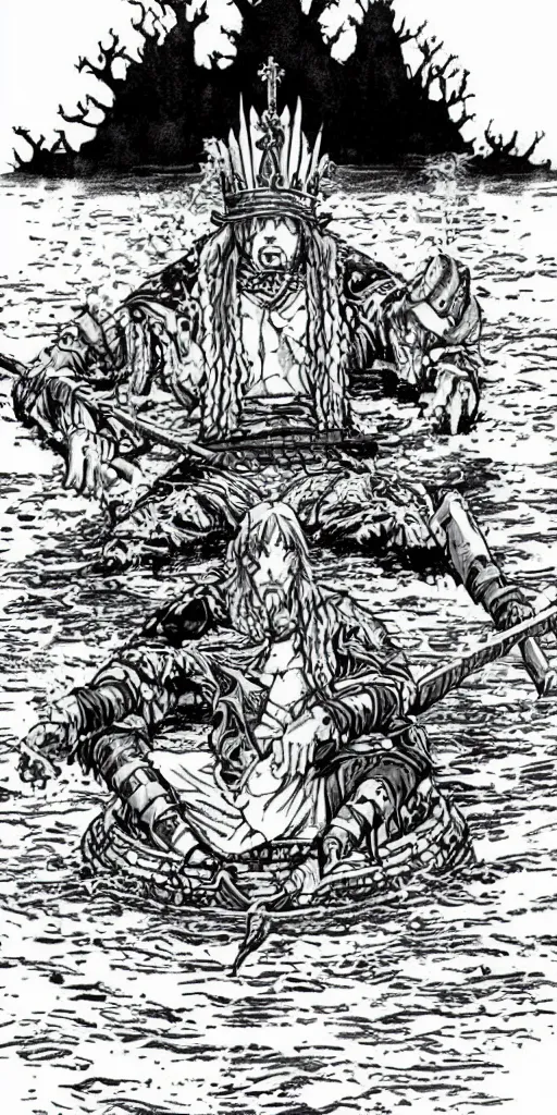 Image similar to a lone king sitting on a throne floating on water in the middle of a lake drawn by Makoto Yukimura in the style of Vinland saga anime, full color