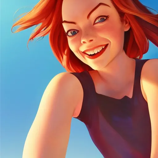 Image similar to emma stone happy to see flying big italian sausages by concept artist gervasio canda, behance hd by jesper ejsing, by rhads, makoto shinkai and lois van baarle, ilya kuvshinov, rossdraws global illumination radiating a glowing aura global illumination ray tracing hdr render in unreal engine 5