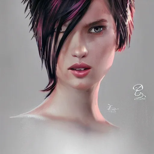 Image similar to portrait of a young woman with short pink spiky hair and dark eyes, intricate, elegant, highly detailed, digital painting, artstation, concept art, sharp focus, illustration, art by aleksi briclot, rutkowski