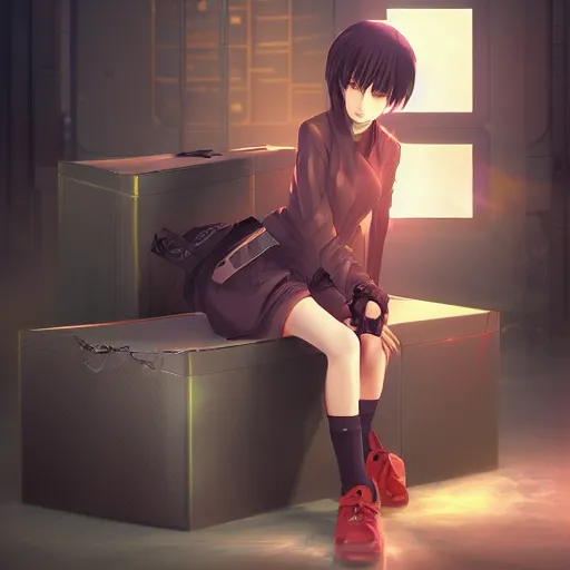 Image similar to advanced anime digital art, cyberpunk girl sitting in a box , visual key, Makoto Shikai