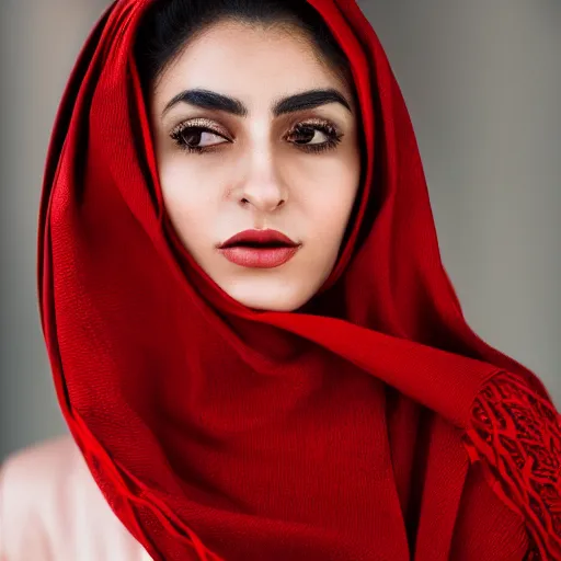 Image similar to portrait of a majestic Iranian young woman wearing a red shawl with long blonde hair, photorealist, 4k, DSLR Photograph