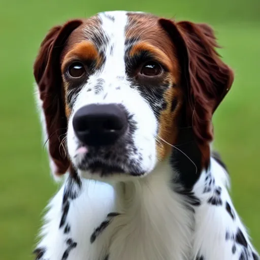 Prompt: a beautiful photo in 8K of a dog that is a mix of an American Brittany and English Setter
