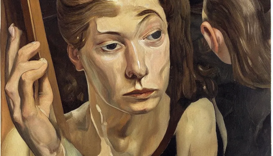 Prompt: painting by lucien freud, young woman in front of the mirror, detailed, stunning