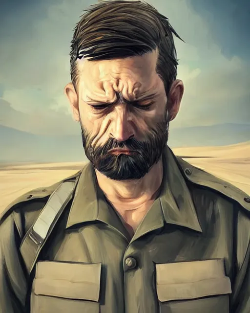 Image similar to portrait of muscular, tired and alcoholic 3 0 - year - old grieving man with short darkblonde hair, serious sad look in his eyes, looking down, dirty beard, blue eyes, crying tears, wearing dirty soldier uniform, on the desert, sad atmosphere, hyper realistic face, character art, art by artgerm, cryengine, trending on artstation, digital art