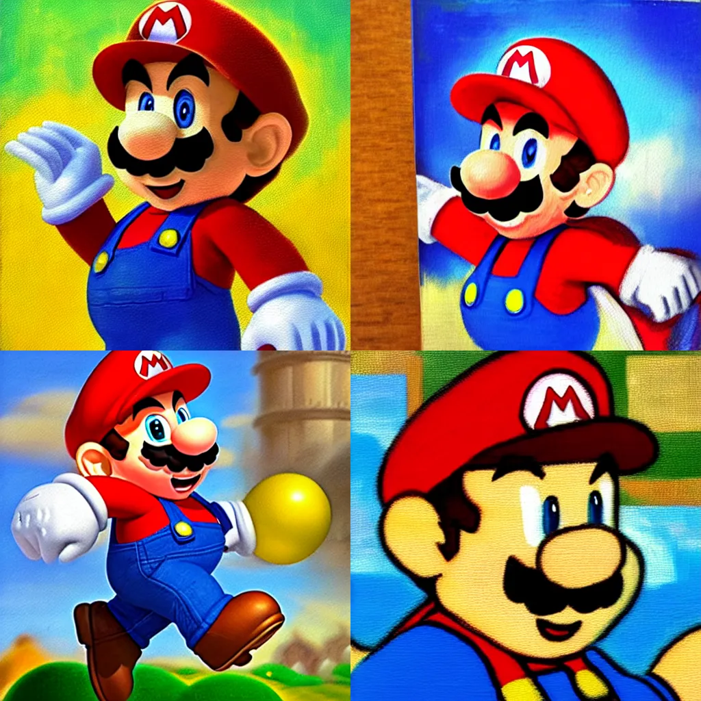 Prompt: impressionist painting of Super Mario