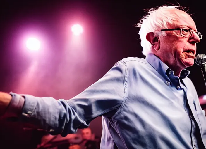 Image similar to publicity photo still of bernie sanders in a punk band playing live on stage, 8 k, live concert lighting, mid shot