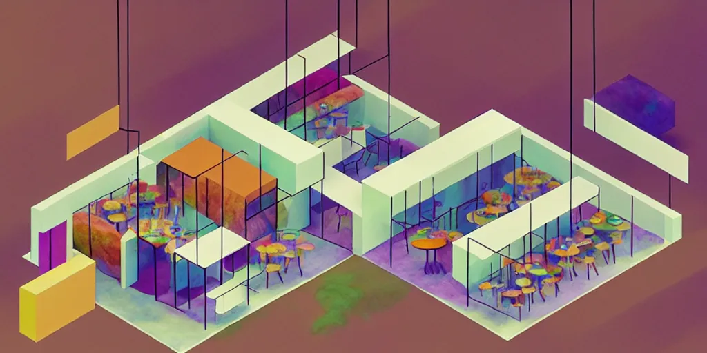 Prompt: an indoor modern cafe, watercolor and wool felting style, design by beeple and kandinsky, isometric style