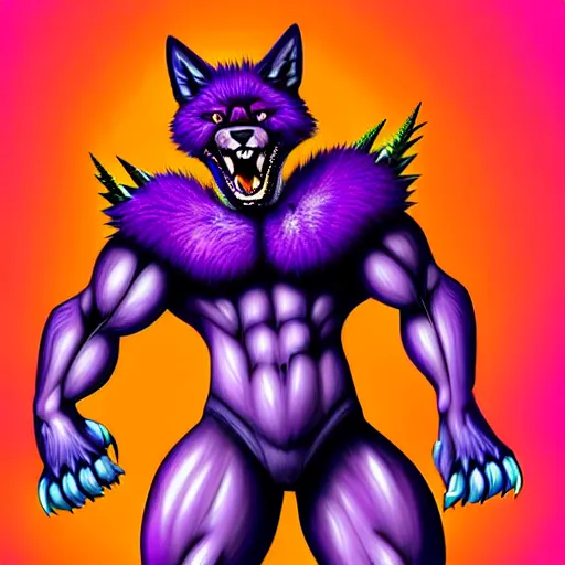 Prompt: digital painting of an anthropomorphic muscular purple wolf, furry style, wearing jeans, deviant art, fursona, professional furry drawing, insanely detailed, hyper detailed wolf - like face, doing a pose from jojo's bizarre adventure, detailed veiny muscles, exaggerated features, beautiful shading, huge spikey teeth, grinning, colorful background