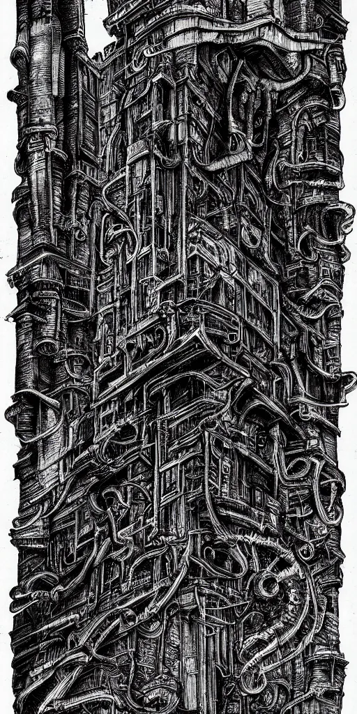 Image similar to a lovecraftian highly detailed ink sketch of a cyberpunk ruin by h. r giger in the style of art - deco art, 8 k