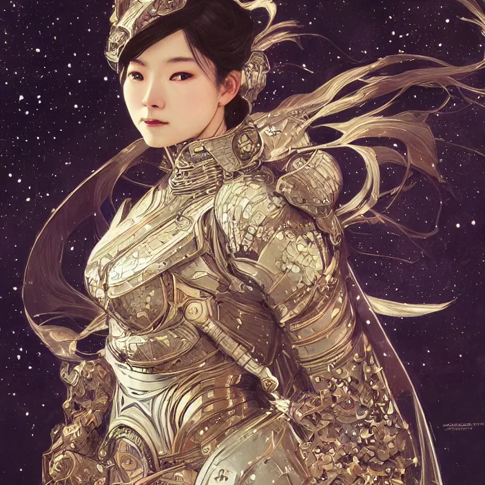 Image similar to ultra realistic illustration, japanese woman with armor made of stars, sci - fi, fantasy, intricate, elegant, highly detailed, digital painting, artstation, concept art, smooth, sharp focus, illustration, art by artgerm and alphonse mucha