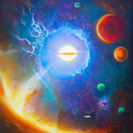 Prompt: Chrystalline blue dragon devouring a planet in space, sun system, nebula, oil painting, by Suarez Fernanda and Maxence Edgar and Rutkowski Greg