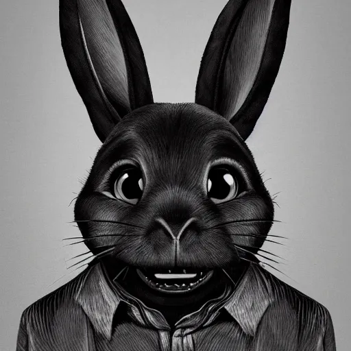 Image similar to A extremely highly detailed majestic hi-res beautiful, highly detailed head and shoulders portrait of a scary terrifying, horrifying, creepy black cartoon rabbit with scary big eyes, earing a shirt laughing, hey buddy, let's be friends, in the style of Walt Disney