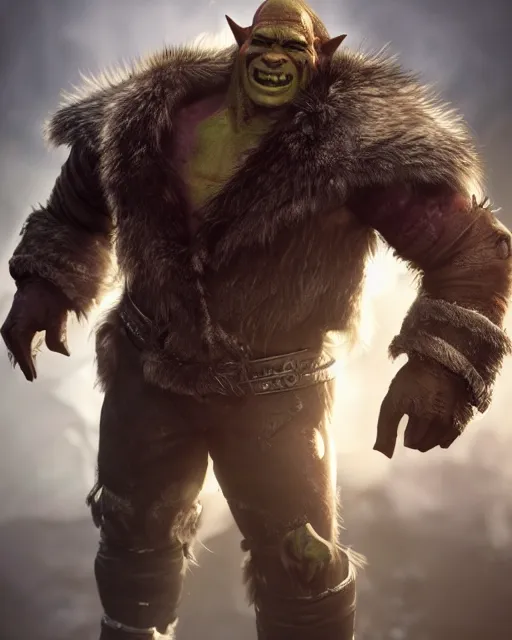 Prompt: A full body shot of a handsome orc looking into the camera wearing a leather fur jacket and boots, full body shot, detailed face, artstation, realistic, highly detailed, symmetrical, hyper realistic, dynamic pose, high detail, octane render, unreal engine, 8k, fantasy art, highly detailed, concept art