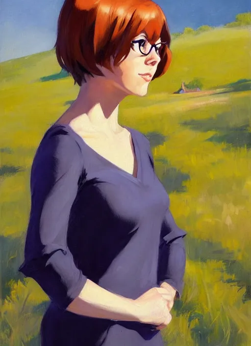 Prompt: Greg Manchess painting of grown-up Velma Dinkley, winged eyelashes, countryside, calm, fantasy character portrait, dark outlines, dynamic pose, above view, sunny day, artwork by Makoto Shinkai, very coherent asymmetrical artwork, sharp edges, perfect face, simple form, 100mm