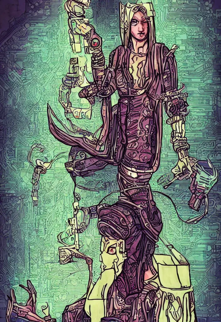 Image similar to the queen of cups as a cyberpunk tarot card