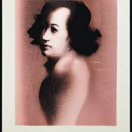 Image similar to ghastly, incredible by ludwig mies van der rohe screen printing, french rose. a beautiful performance art of a person in profile, with their features appearing both in front of & behind their head.