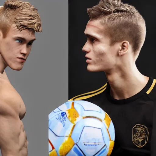 Image similar to a realistic detailed photo of a guy who is an attractive humanoid who is half robot and half humanoid, who is a male android, soccer players martin ødegaard, shiny skin, posing like a statue, blank stare, in a factory, on display, showing off his muscles, gold soccer shorts, side view, looking at each other mindlessly