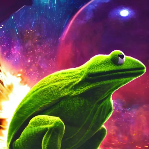 Image similar to the avengers battle one kermit the frog in space, galaxy, hd, 8 k, explosions, gunfire, lasers, giant, epic, showdown, colorful, realistic photo, unreal engine, stars, prophecy, epic oil painting, powerful, diffused lighting, destroyed planet, debris, justice league, movie poster, violent, sinister