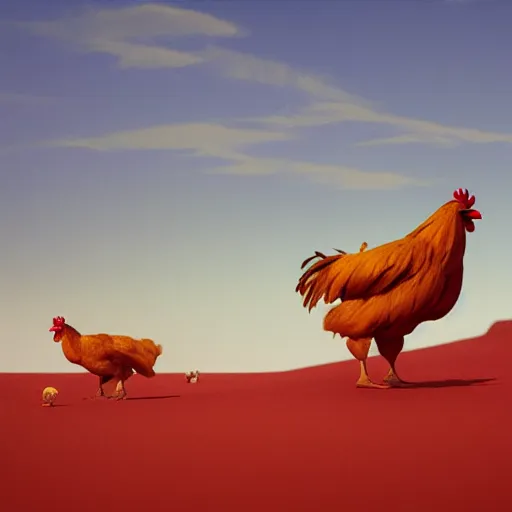 Prompt: cyborg chickens in the desert, Masterpiece, Edward Hopper and James Gilleard, Zdzislaw Beksinski, Mark Ryden, Wolfgang Lettl, hints of Yayoi Kasuma, octane render, 8k.