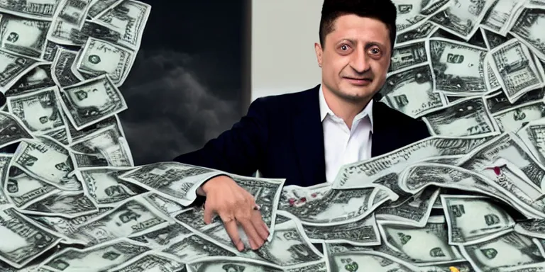 Prompt: President Zelensky sits in bags of money with his hands up to his elbows covered in blood photo manipulation, high quality photo, 85mm,