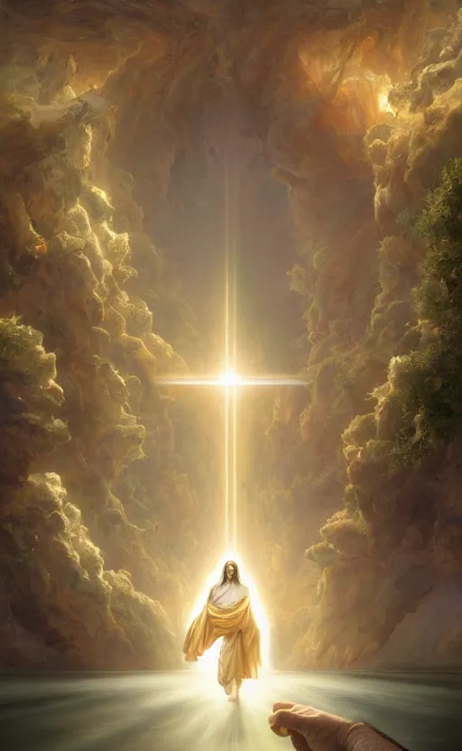 Prompt: jesus looking into a portal hopping and time warping with reckless abandon, the hand of God is reaching out, dramatic scene, masterpiece digital painting by Greg Rutkowski, Alex Grey, artstation, 4k wallpaper, pixar poster