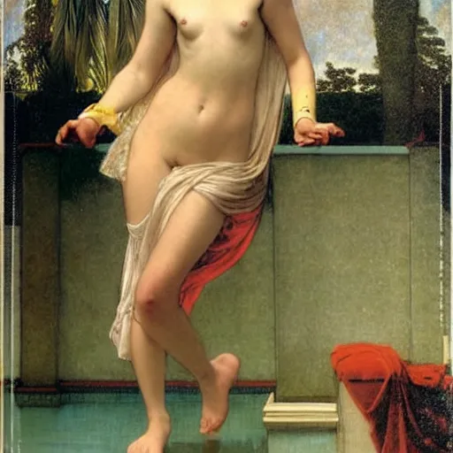 Image similar to Girl with a blood dripping chalice at the palace, thunderstorm, pool, beach and palm trees on the background major arcana sky, by paul delaroche, alphonse mucha and arnold böcklin arnold böcklin hyperrealistic 8k, very detailed