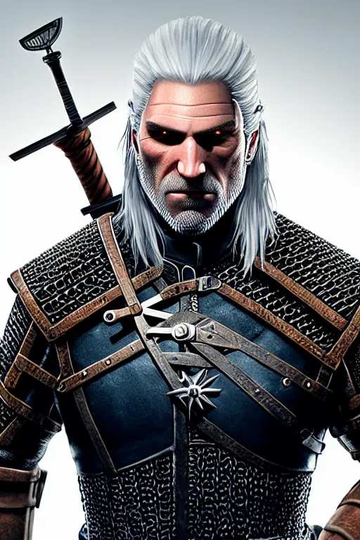 Image similar to portrait of geralt of rivia, 5 5 mm lens, professional photograph, times magazine, serious, stern look, zoomed out