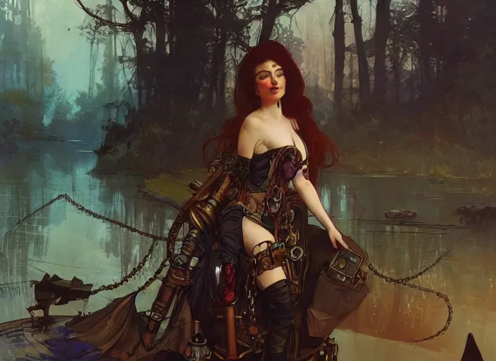 Image similar to woman model, steampunk!!! and modern, rgb, lake with trees!!, backlit, elegant, highly detailed, digital painting, artstation, concept art, smooth, sharp focus, illustration, art by krenz cushart and artem demura and alphonse mucha