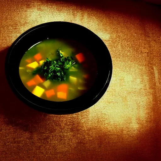 Image similar to a bowl of soup in an empty hotel hallway, mysterious, dark, cosmic, ethereal, mystical, neon lit