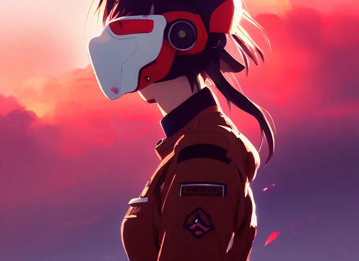 Prompt: portrait of pilot girl, red sky background, chaotic landscape, illustration concept art anime key visual trending pixiv fanbox by wlop and greg rutkowski and makoto shinkai and studio ghibli and kyoto animation, red body suit, military gear, evangelion, grimdark
