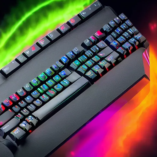 Prompt: mechanical keyboard made out of lava, raytracing, lens flare, 8k, bright colors