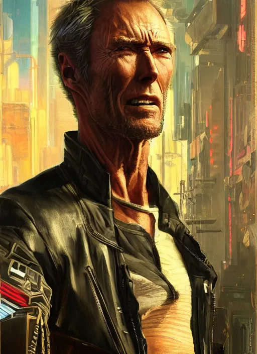 Image similar to clint eastwood. cyberpunk mercenary in a cyberpunk jumpsuit ( blade runner 2 0 4 9, cyberpunk 2 0 7 7 ). orientalist portrait by john william waterhouse and james gurney and theodore ralli and nasreddine dinet, oil on canvas. cinematic, hyper realism, realistic proportions, dramatic lighting, high detail 4 k