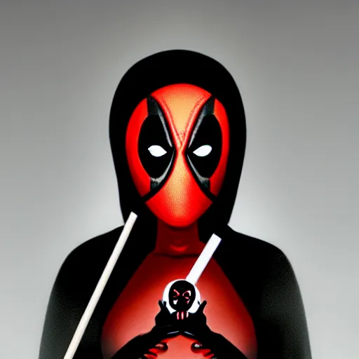 Prompt: portrait of the grim reaper as a woman holding deadpool\'s head with a straw in it, hyperrealistic, concept art, trending on artstation, 8k, cgsociety