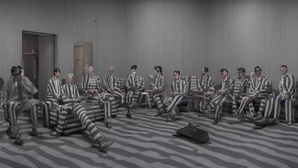 Image similar to inmates in striped suits sitting around a television bolted to the wall, rule of thirds, rendered in octane, rendered in Corona, rendered in vray, rendered in Arnold, insanely detailed, photorealistic, cinematic, global illumination, no grain