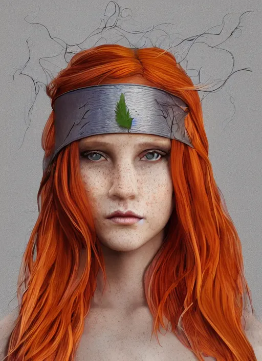 Prompt: beautiful portrait of female Robin Hood, orange flowing hair, magical, forest, sunset, blue mist, rain, symmetrical face, large grey eyes, pale, freckles, natural, freedom, happy, eve, joy, wanderlust, smiling, ecstatic, hyper realistic, digital art, octane render, trending on artstation, artstationHD, artstationHQ, unreal engine, 4k, 8k