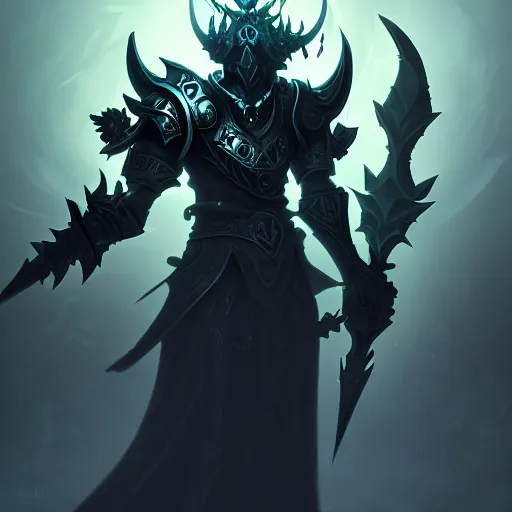 Image similar to The blade of the ruined king, digital illustration, futuristic statues, glow in the dark, ethereal, the void, ominous background, very detailed, stylized, concept art, trending on artstation, high definition, by Riot Games, League of legends